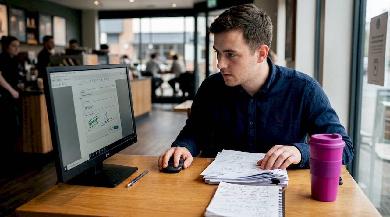 Applying digital stamp to document in office