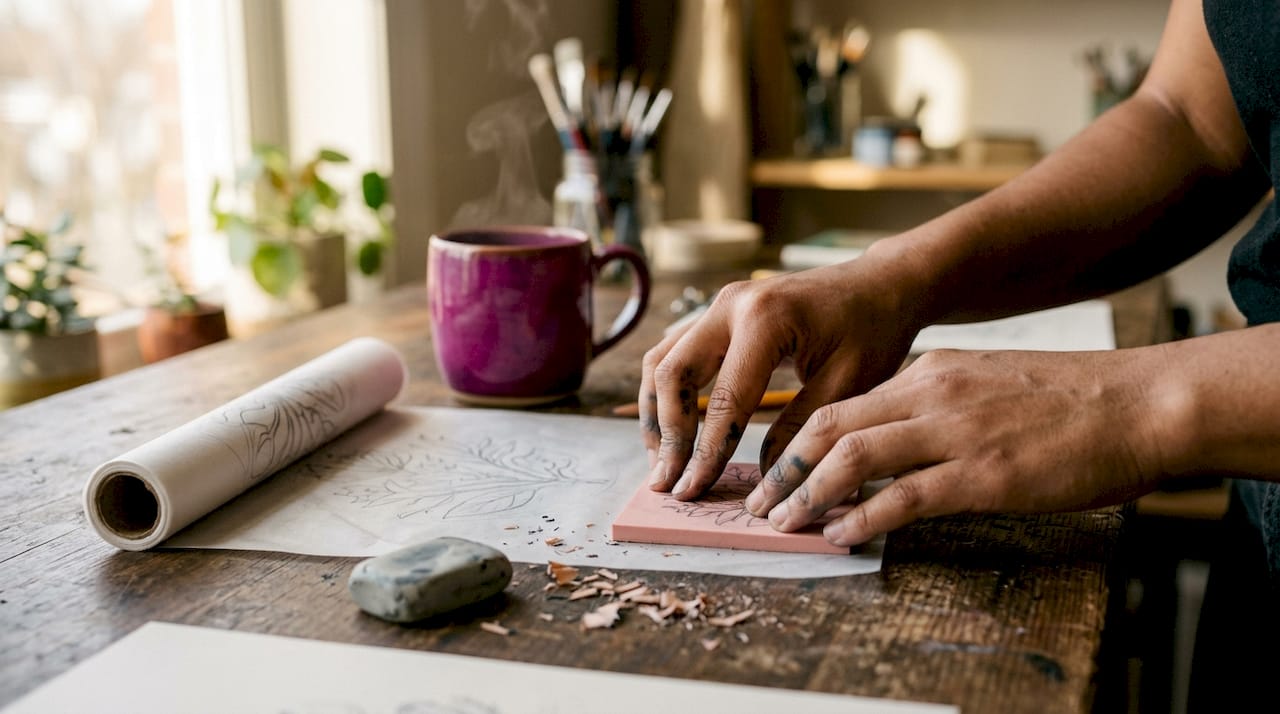 Hands transferring stamp design onto rubber block