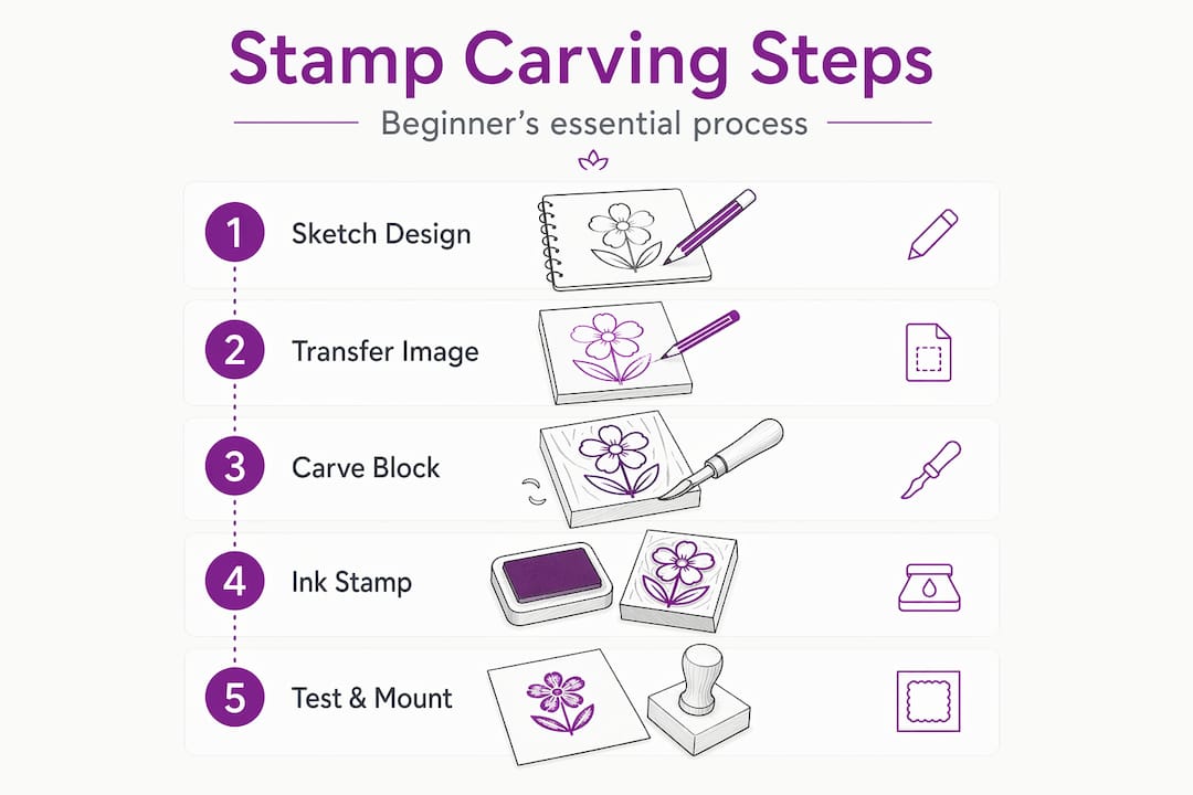 Infographic showing 5 steps in stamp carving