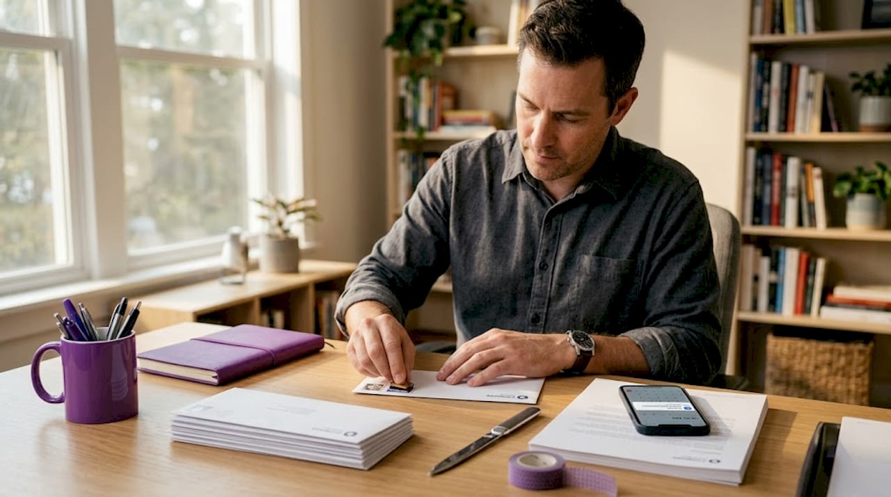 Man affixing stamp to business envelope