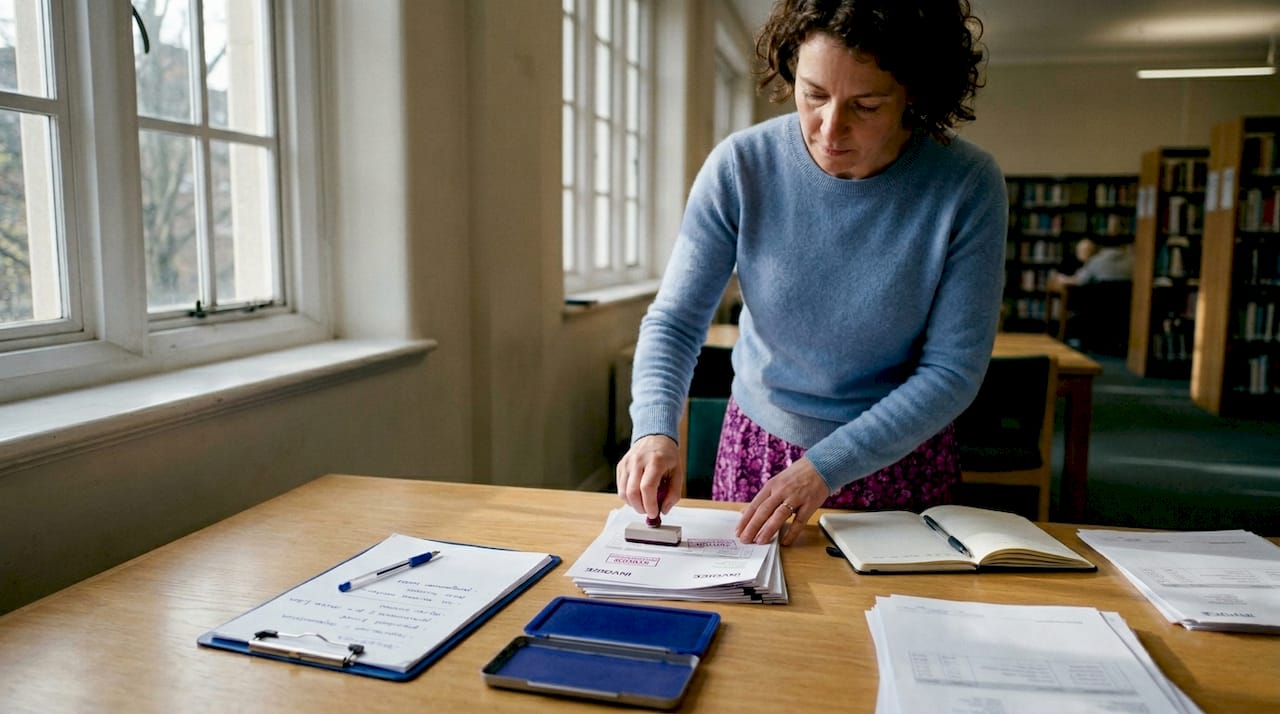 Admin using rubber stamp on invoices