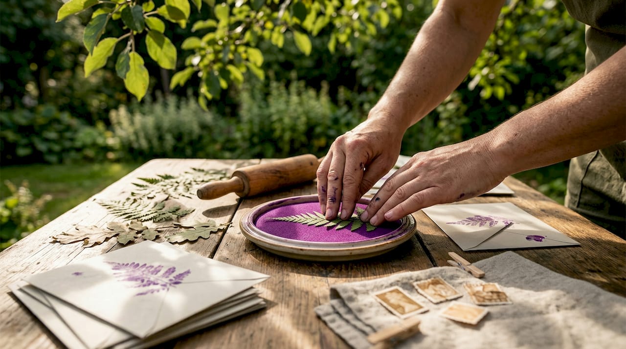 Hands stamping leaf onto envelope for mail art