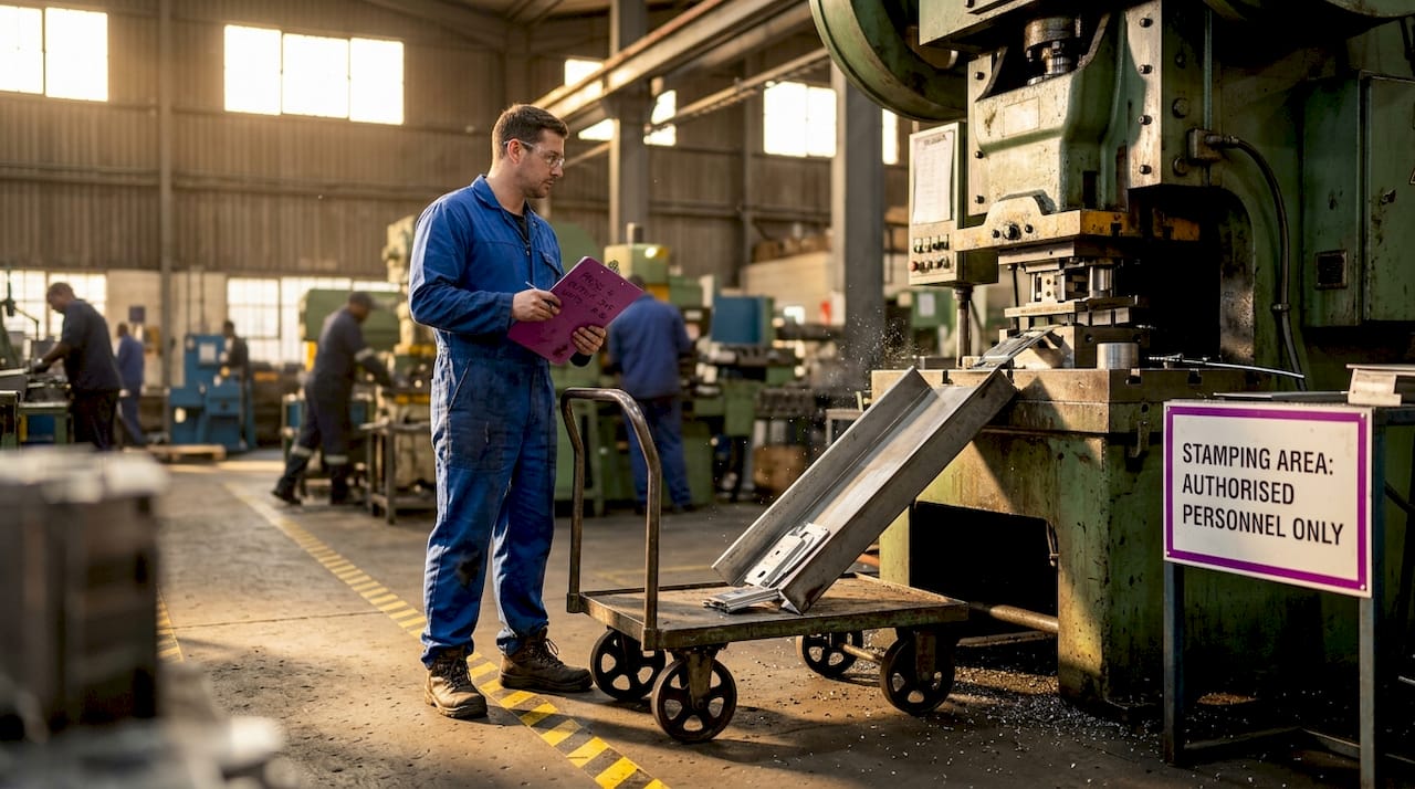 Technician watches metal stamping in workshop