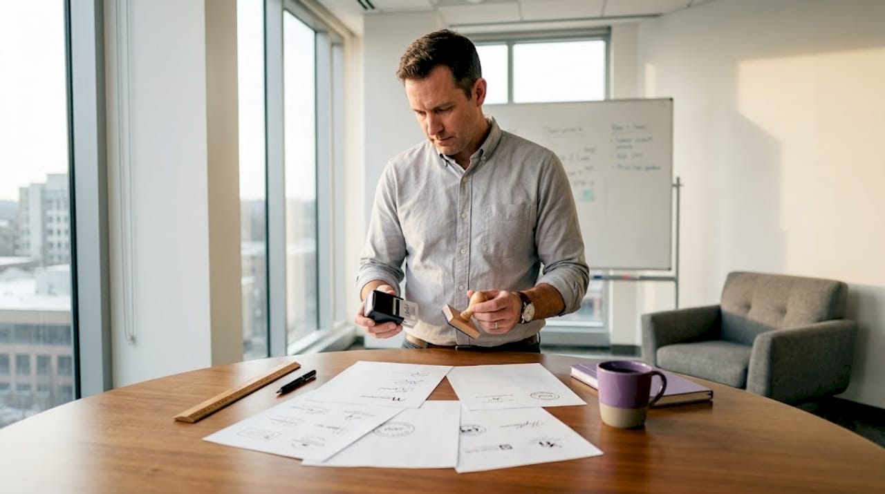 Man comparing signature stamp types on table