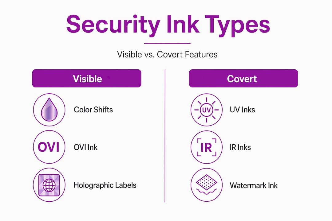 Infographic comparing visible and covert security inks