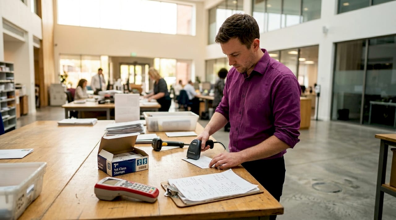 Business worker sorts letters for postage