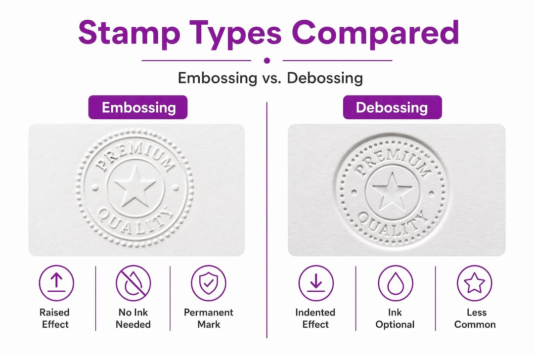 Split infographic comparing embossing and debossing