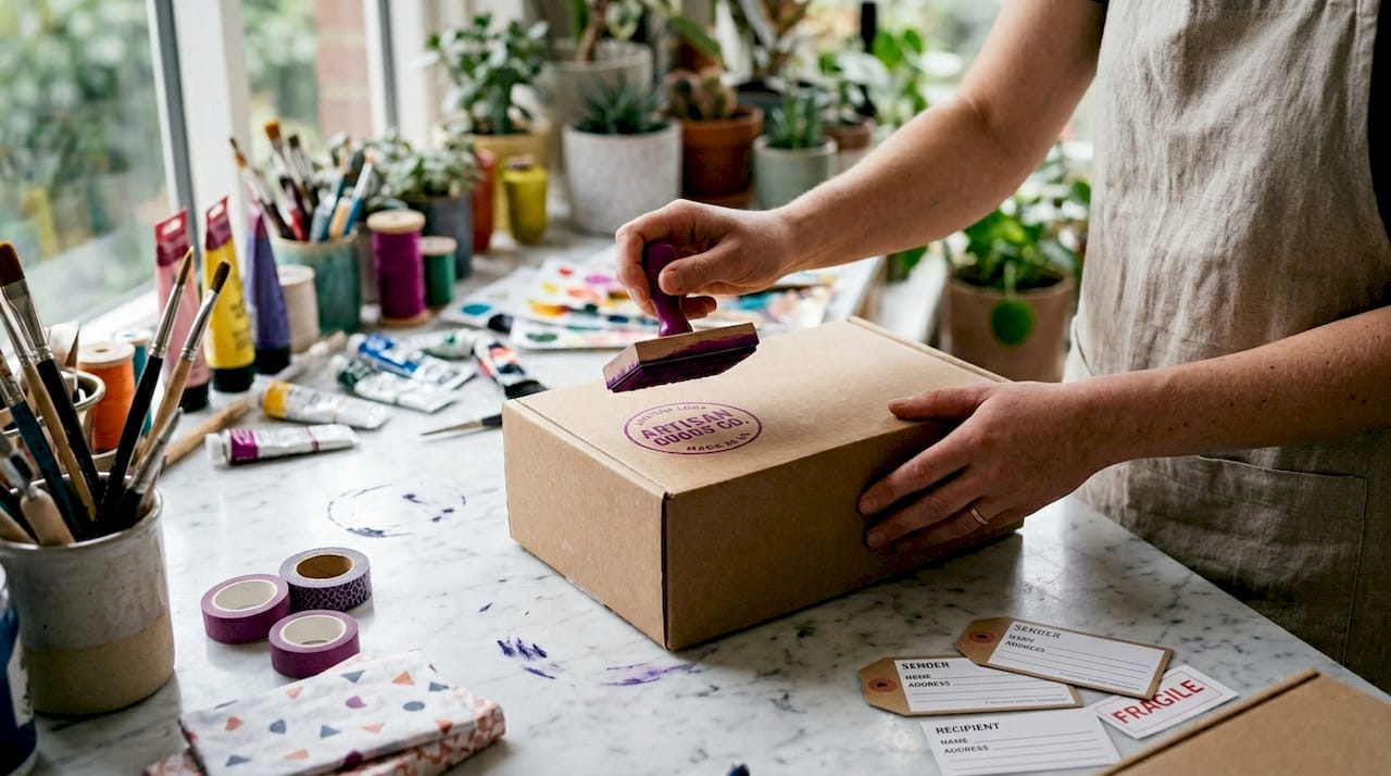 Applying custom stamp to packaging box