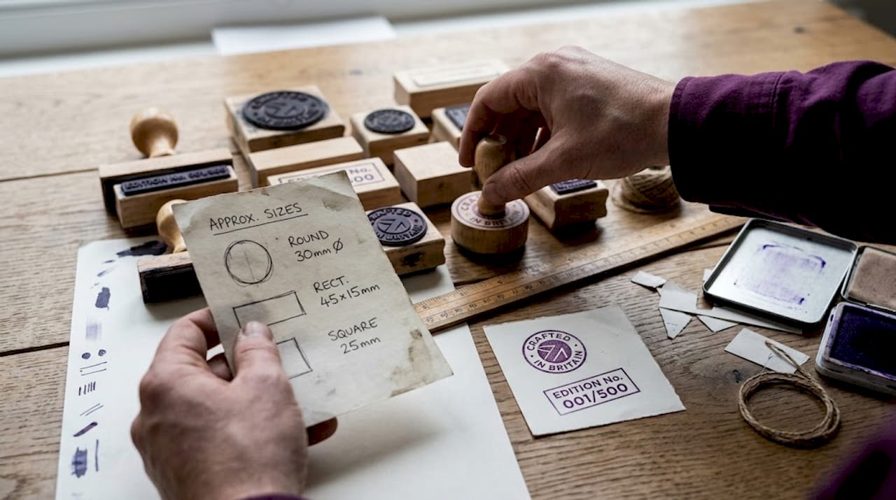 Assorted rubber stamp shapes and test impressions