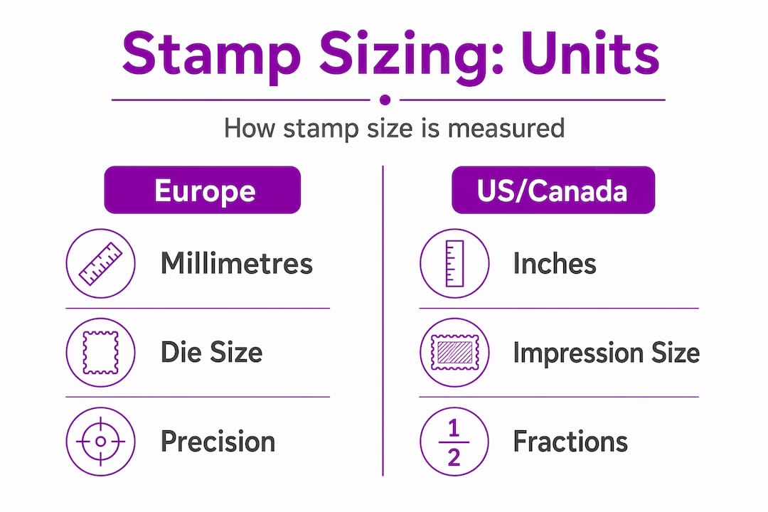Infographic comparing stamp sizing units Europe vs US/Canada