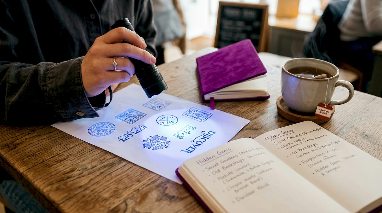 UV light revealing invisible ink stamps on paper