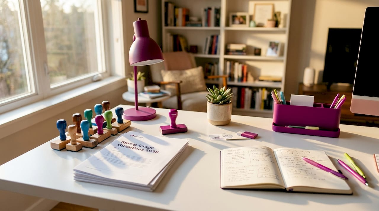 Rubber stamps and policy documents on desk