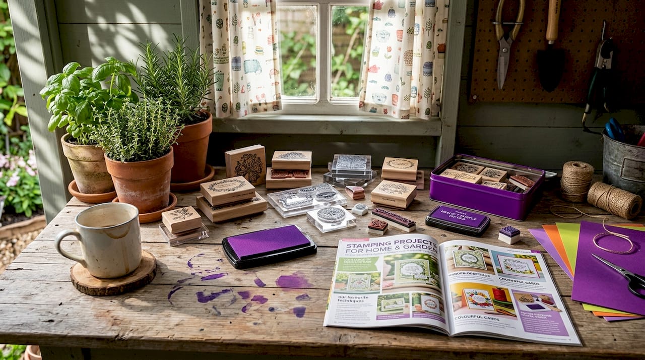Stamp crafting tools and colorful materials on table
