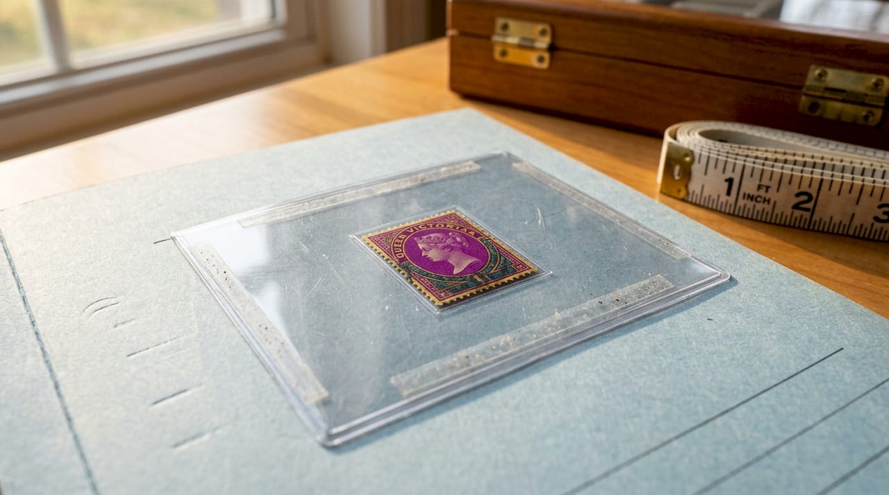 Close-up of clear plastic stamp mount with colorful stamp