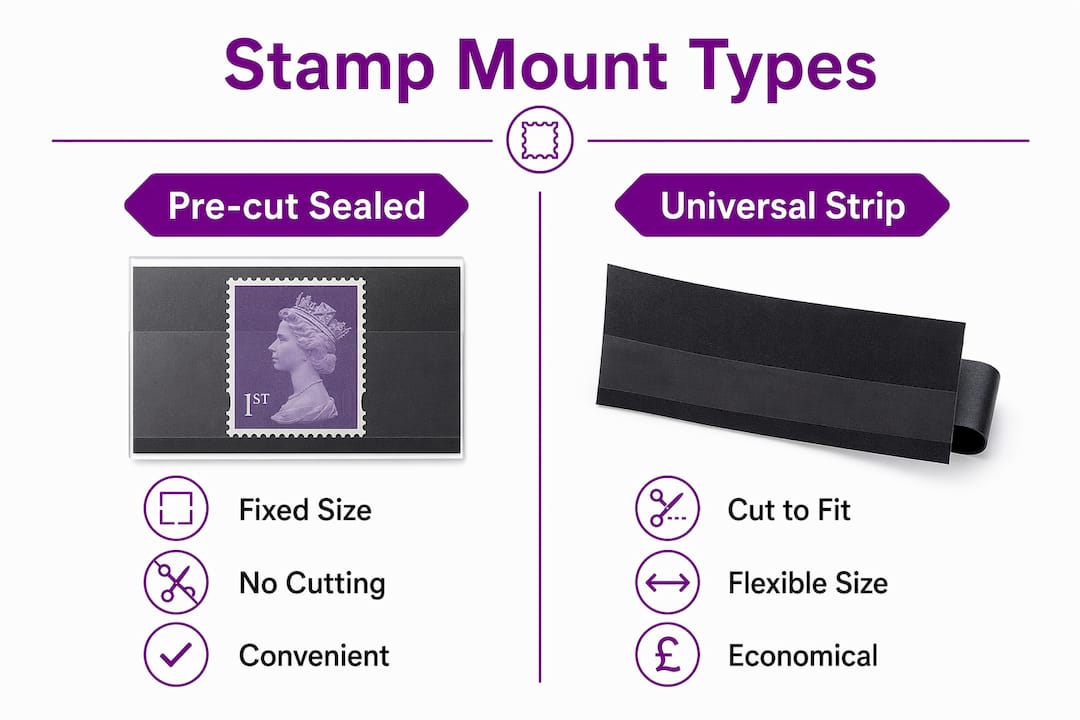 Infographic comparing pre-cut sealed and universal strip stamp mounts