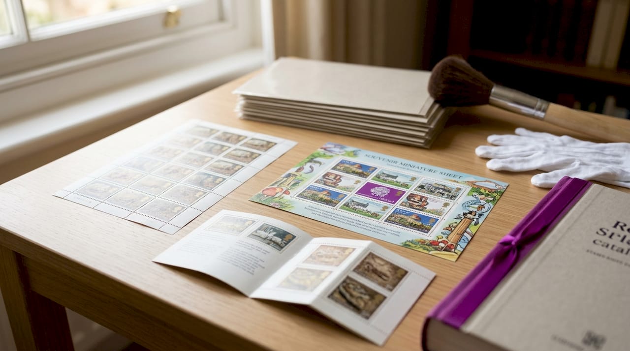 Different types of stamp sheets on desk