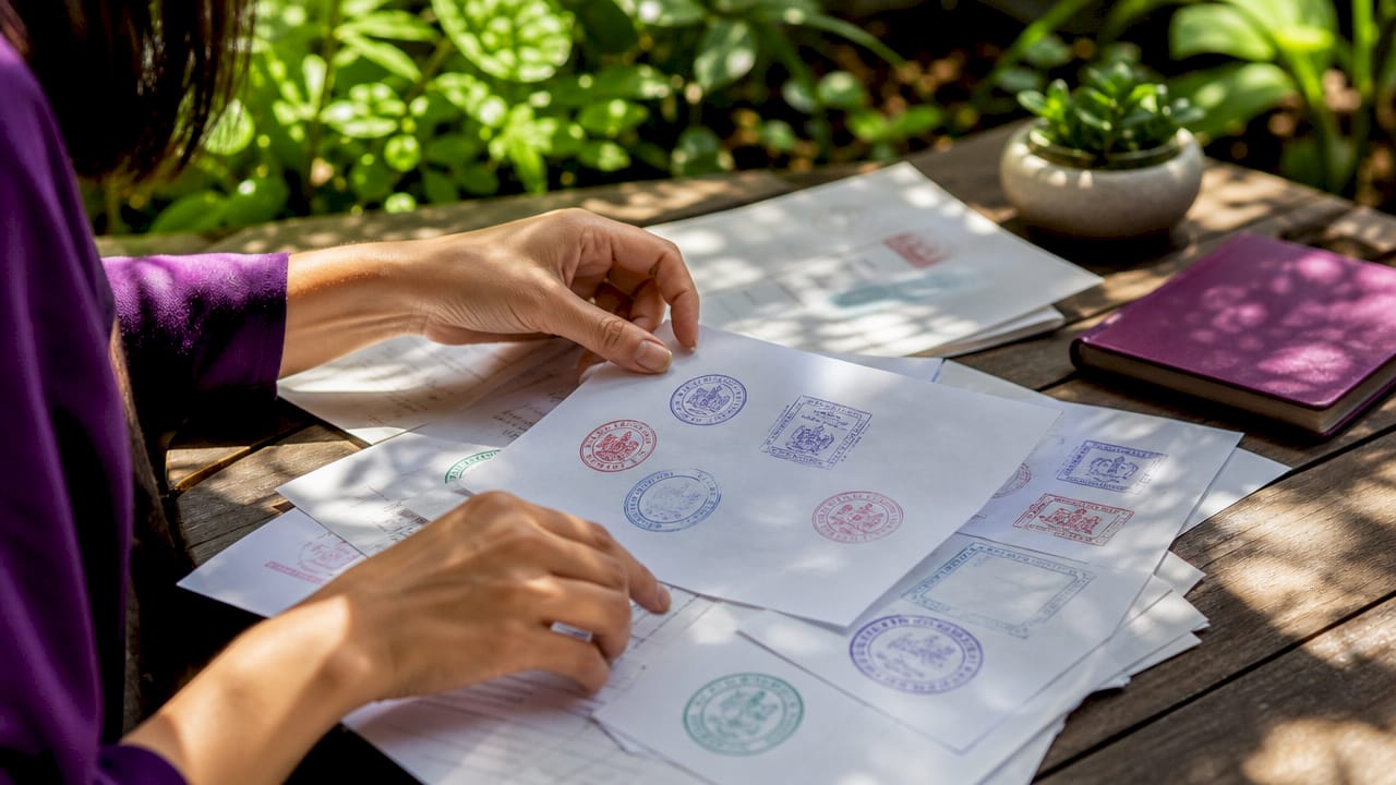 Hands holding documents with multiple endorsement stamps