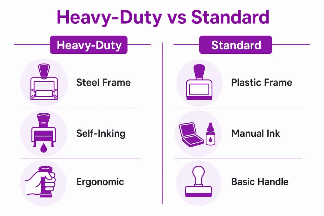 Infographic comparing heavy-duty and standard stamp features