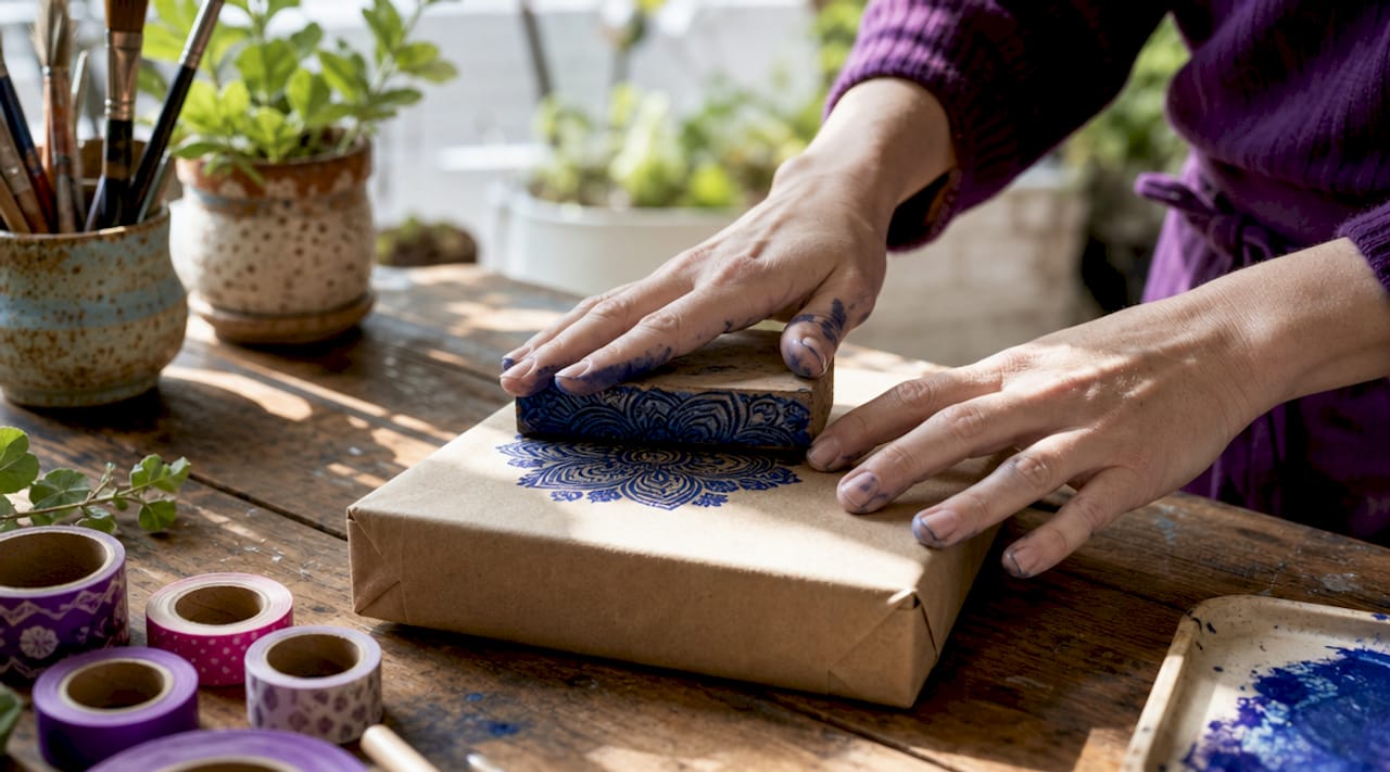 Hands stamping custom logo on package