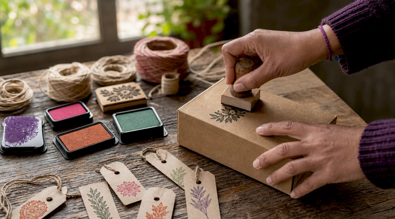 Hands stamping custom logo on kraft paper bag