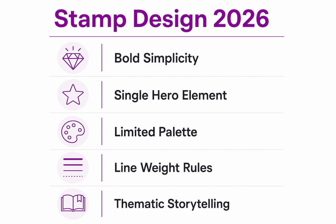 Infographic outlining key 2026 stamp design points