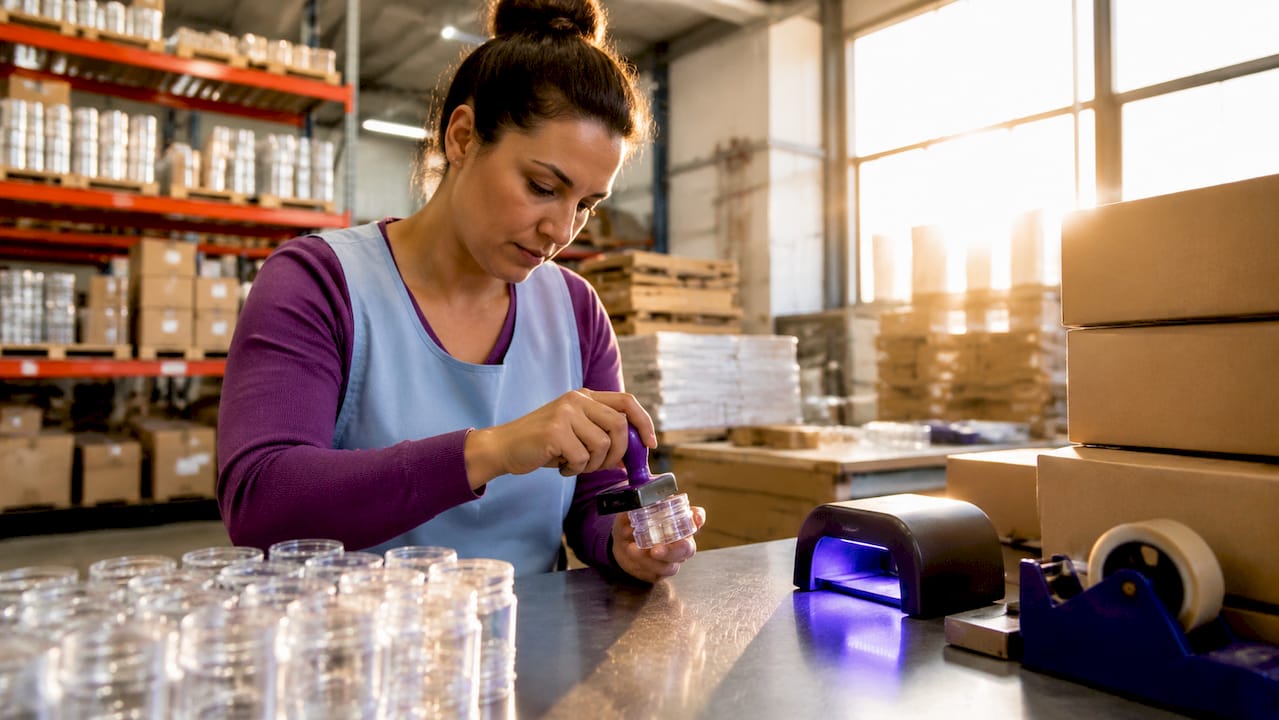 Worker stamping plastic packaging with UV ink