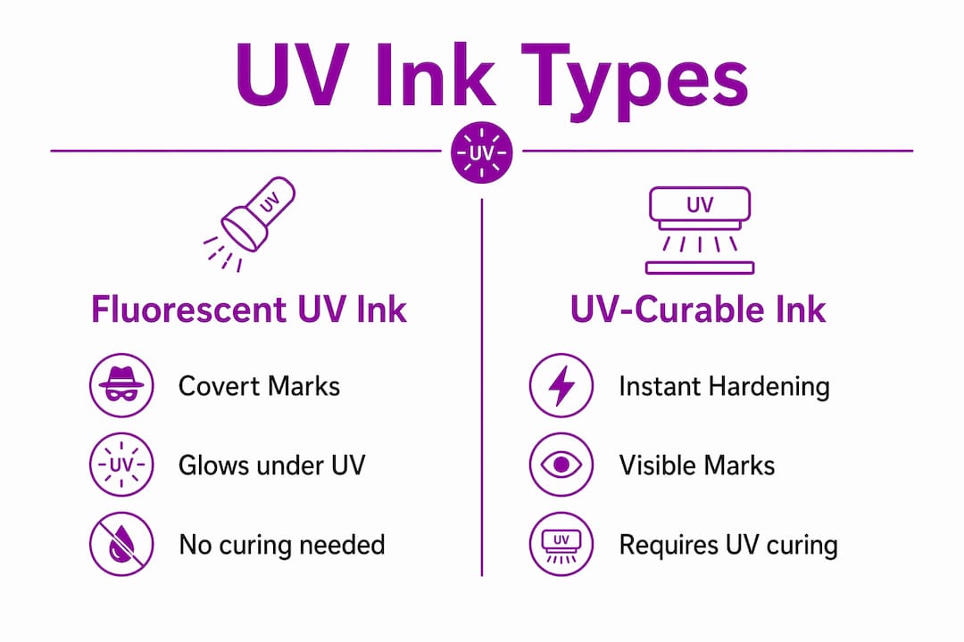 Infographic comparing fluorescent UV ink and UV-curable ink