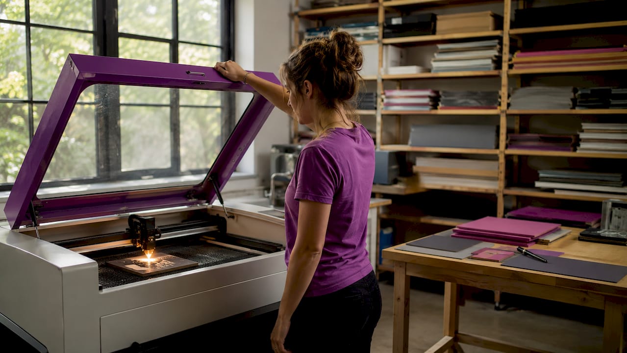 Laser engraver working on rubber stamp