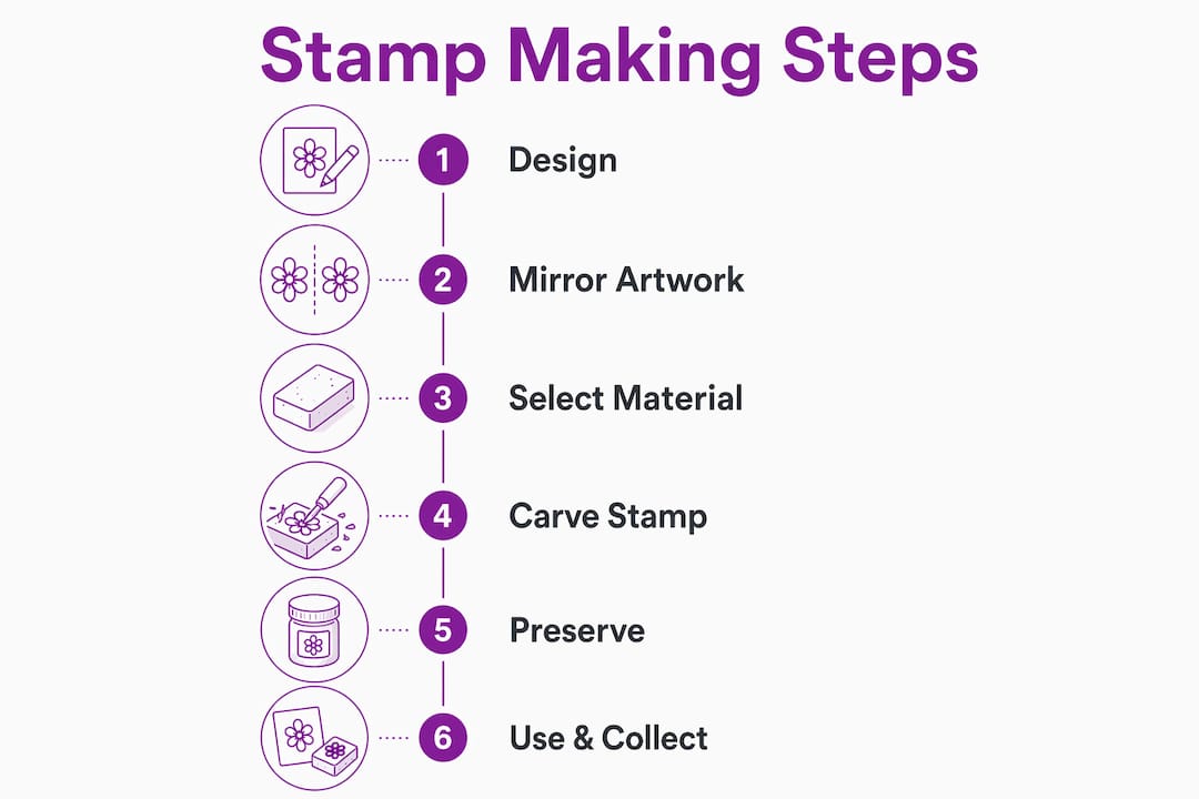 Infographic illustrating hand carving stamp making steps
