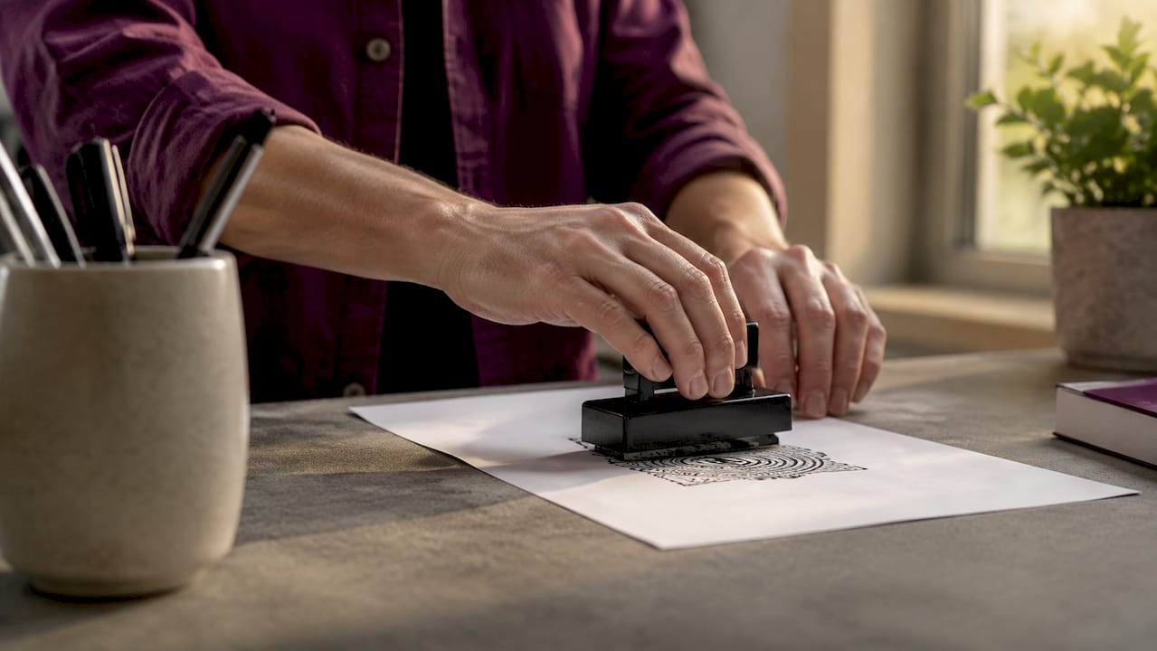 Hands stamping clear impression on paper