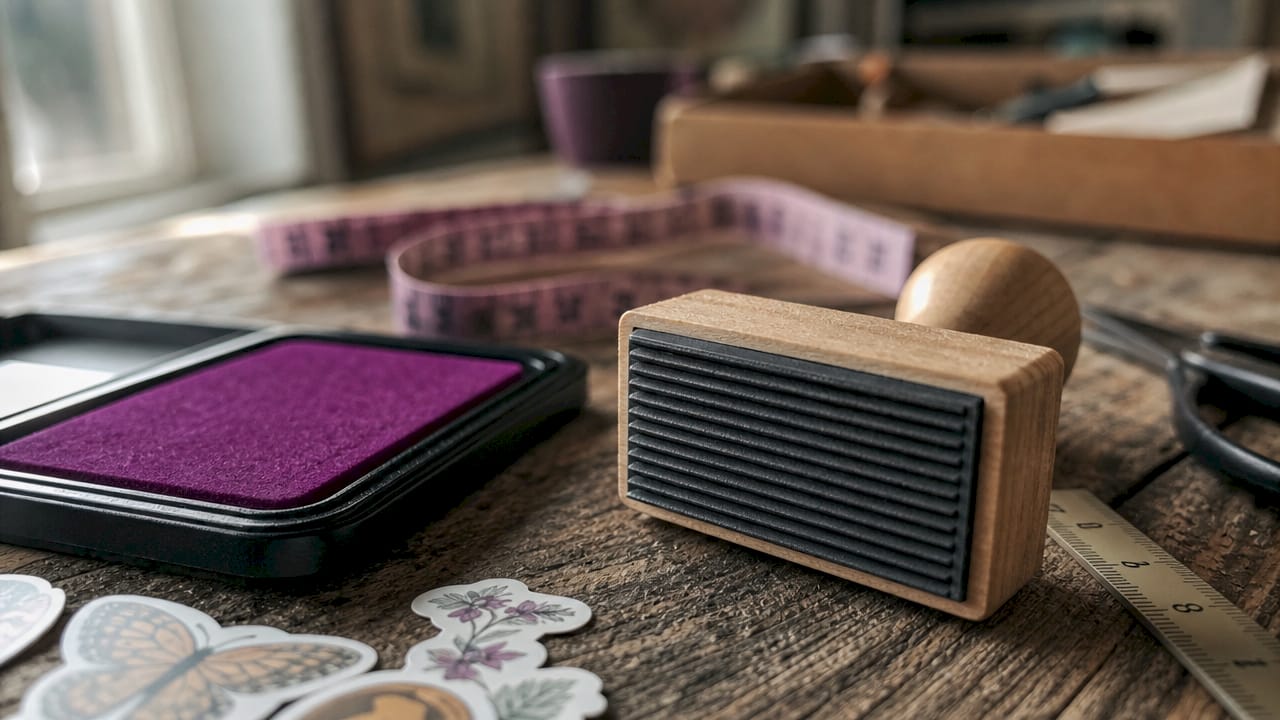 Close-up wooden lined rubber stamp with ink pad