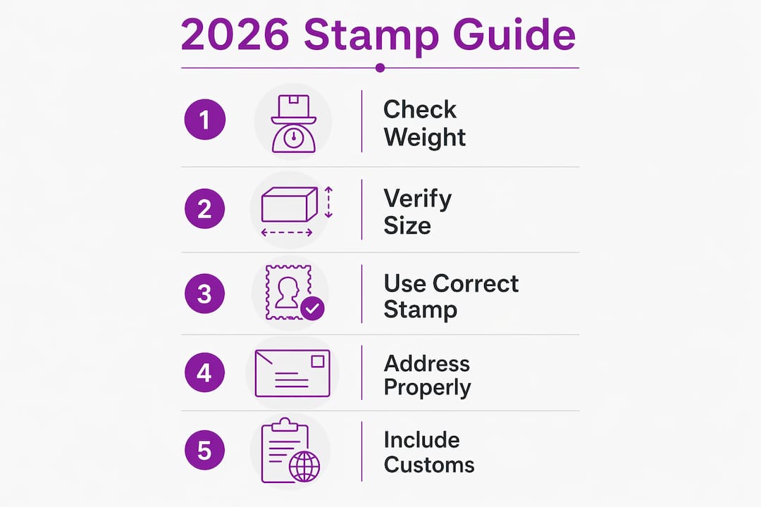 Infographic outlining steps for international mail stamp compliance