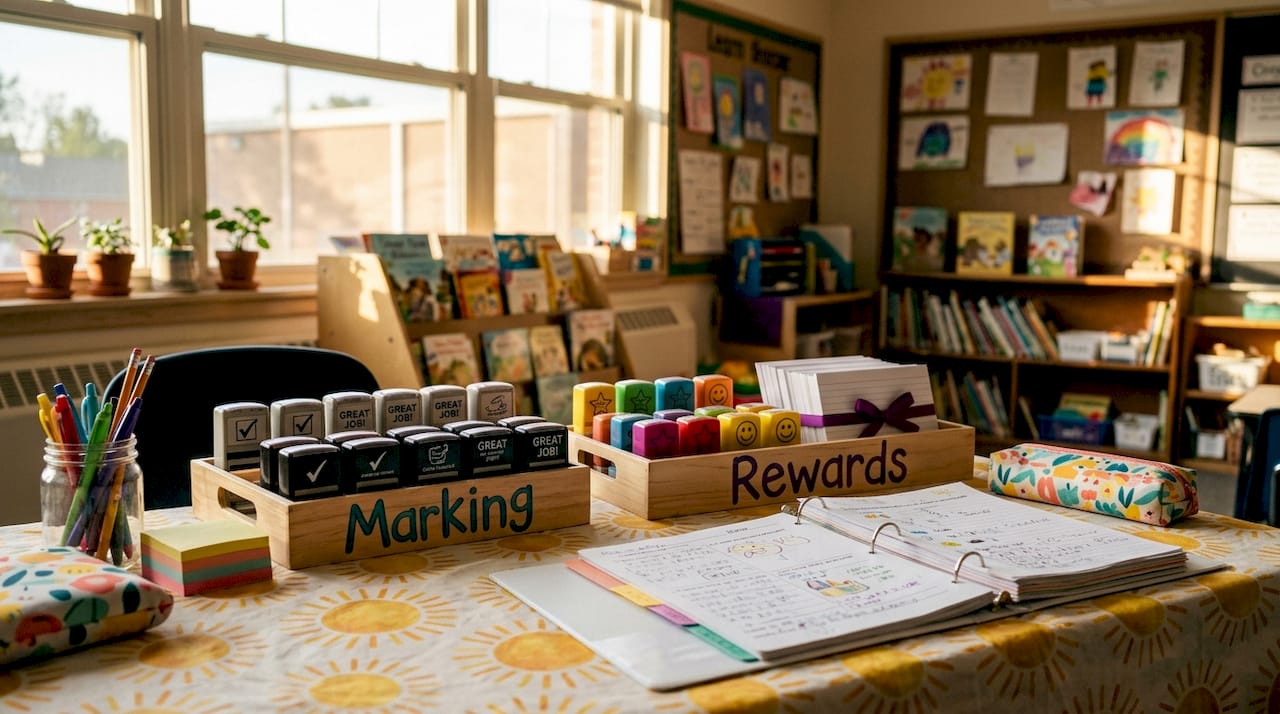Labelled trays organising educational stamps on desk