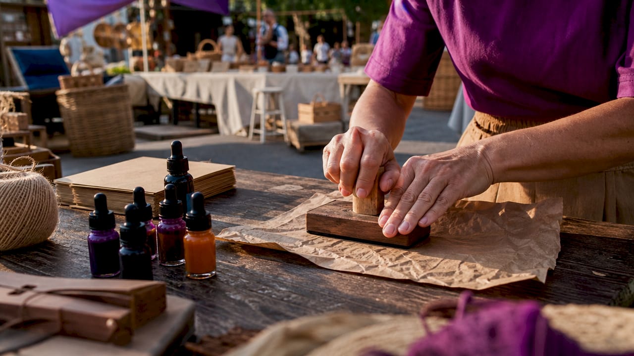 Hands stamping on textured paper packaging