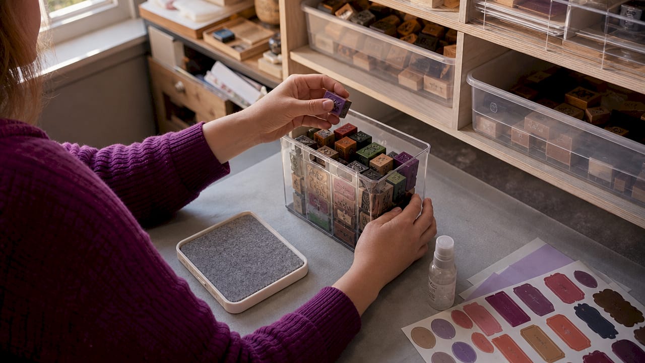 Storage shelves with organized rubber stamps and accessories