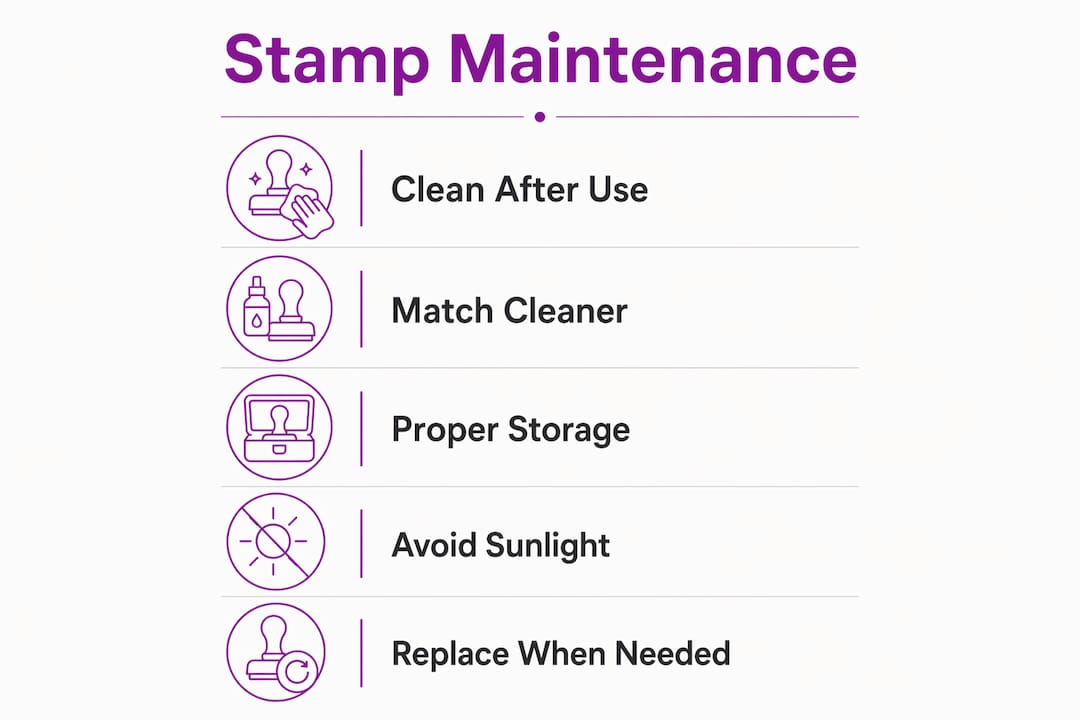 Infographic illustrating 5 key rubber stamp maintenance steps