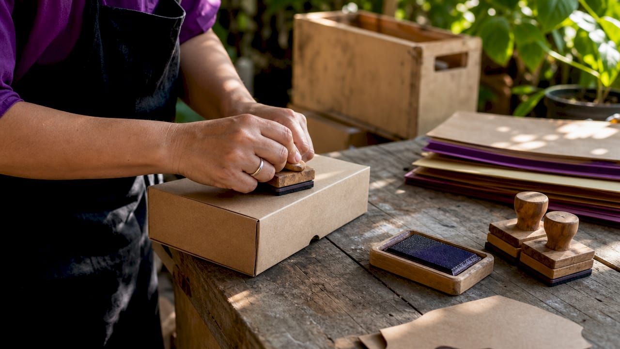 Hands stamping logo on packaging box