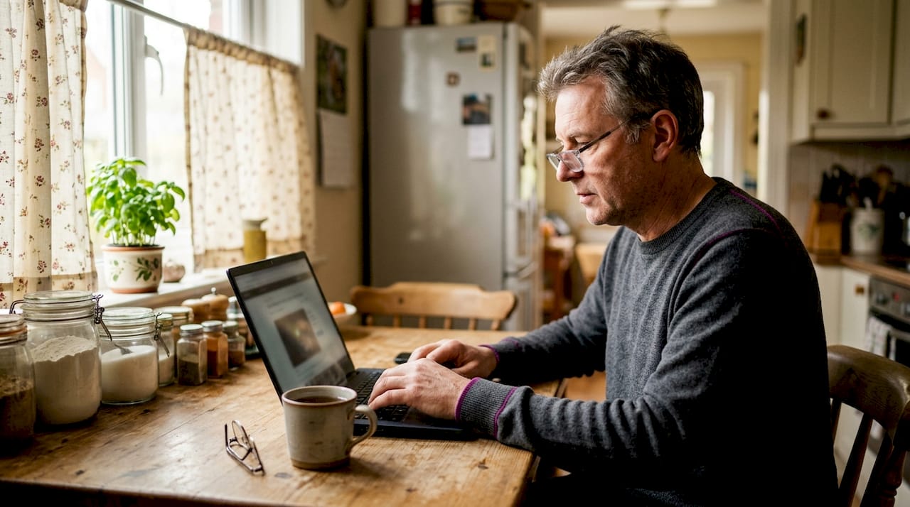 Man ordering digital postal stamps on laptop