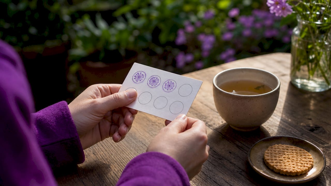 Close-up of stamped loyalty card on café table