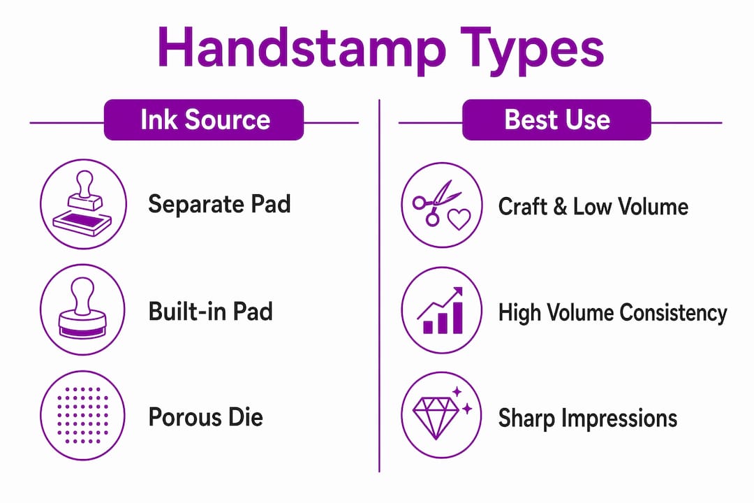 Infographic comparing handstamp ink sources and best uses
