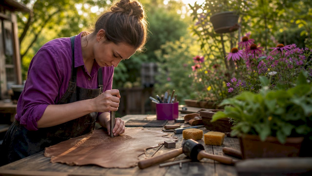 Hands stamping vertical design on leather hide in workshop