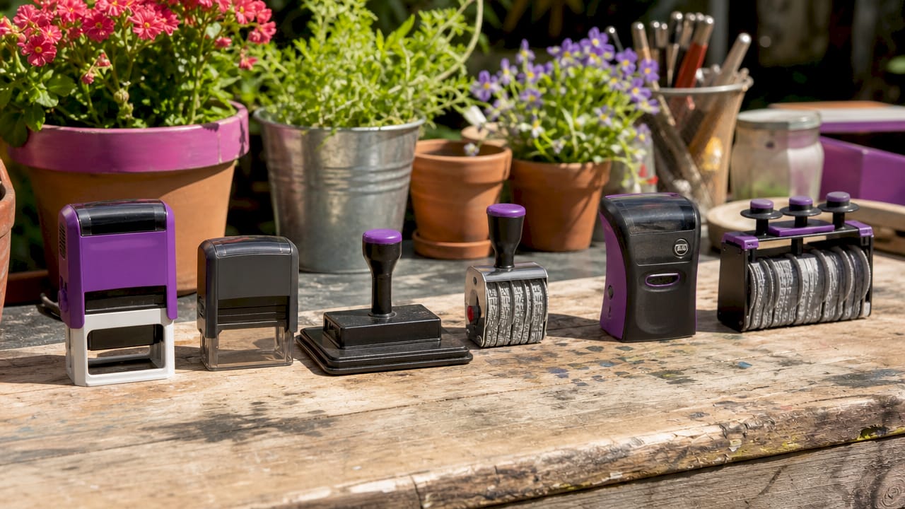 Variety of inspection stamps on workbench