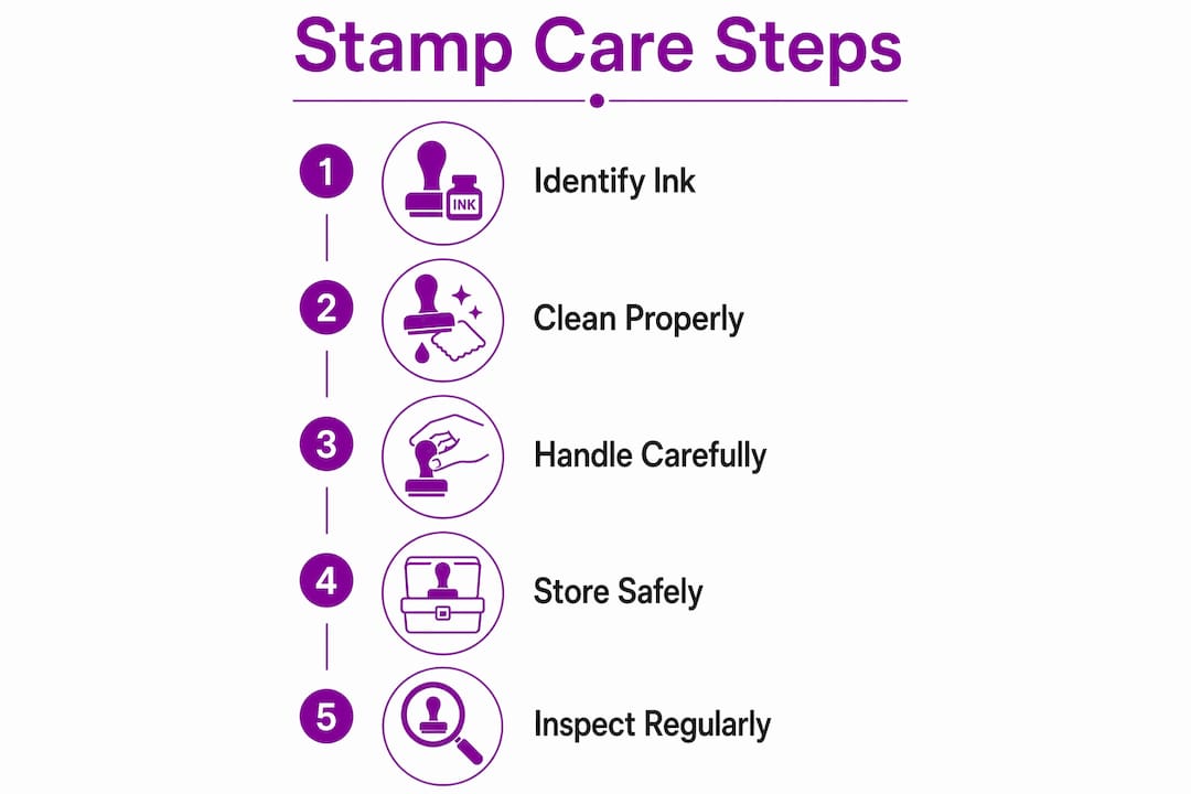 Infographic showing five key steps in caring for custom stamps
