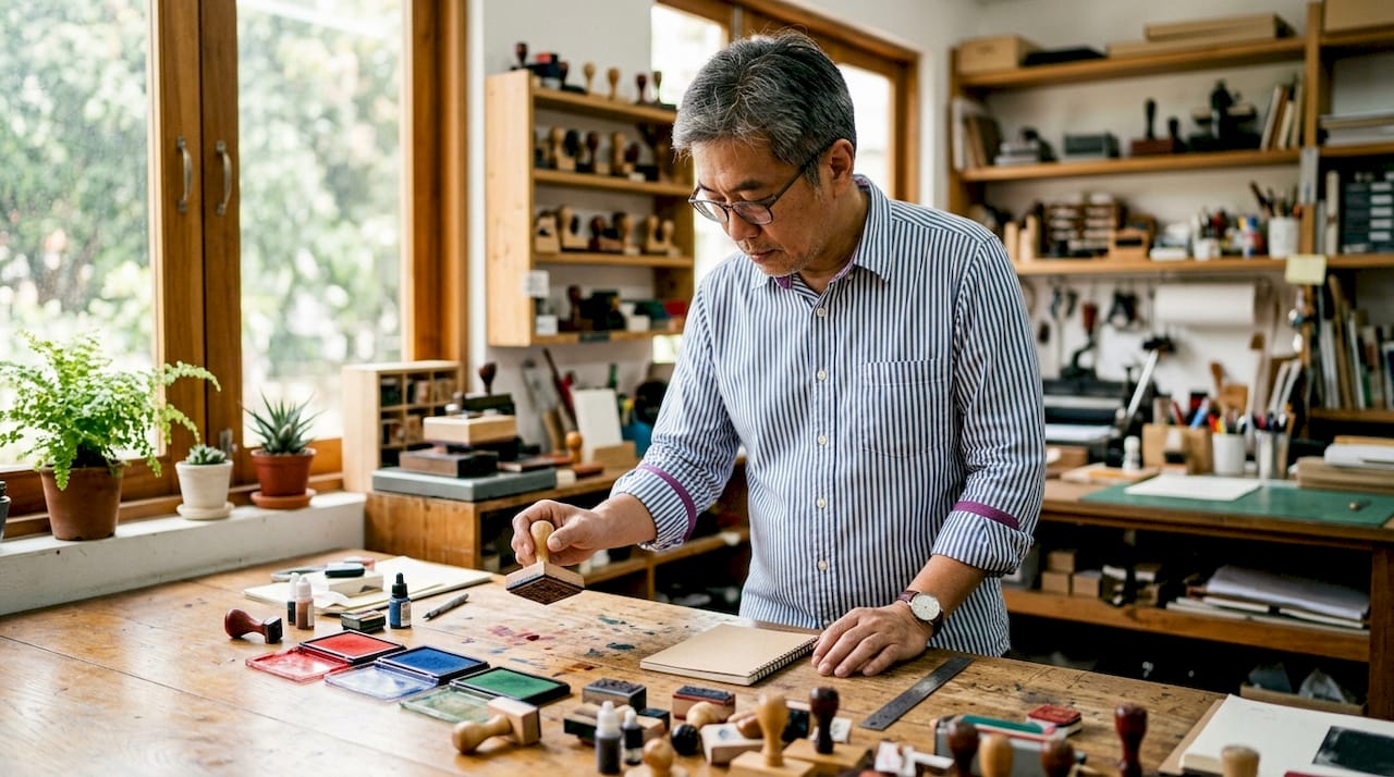 Close-up hands inspecting custom rubber stamp