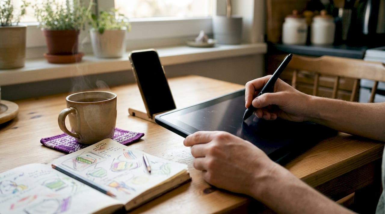 Hands using digital stamp on tablet