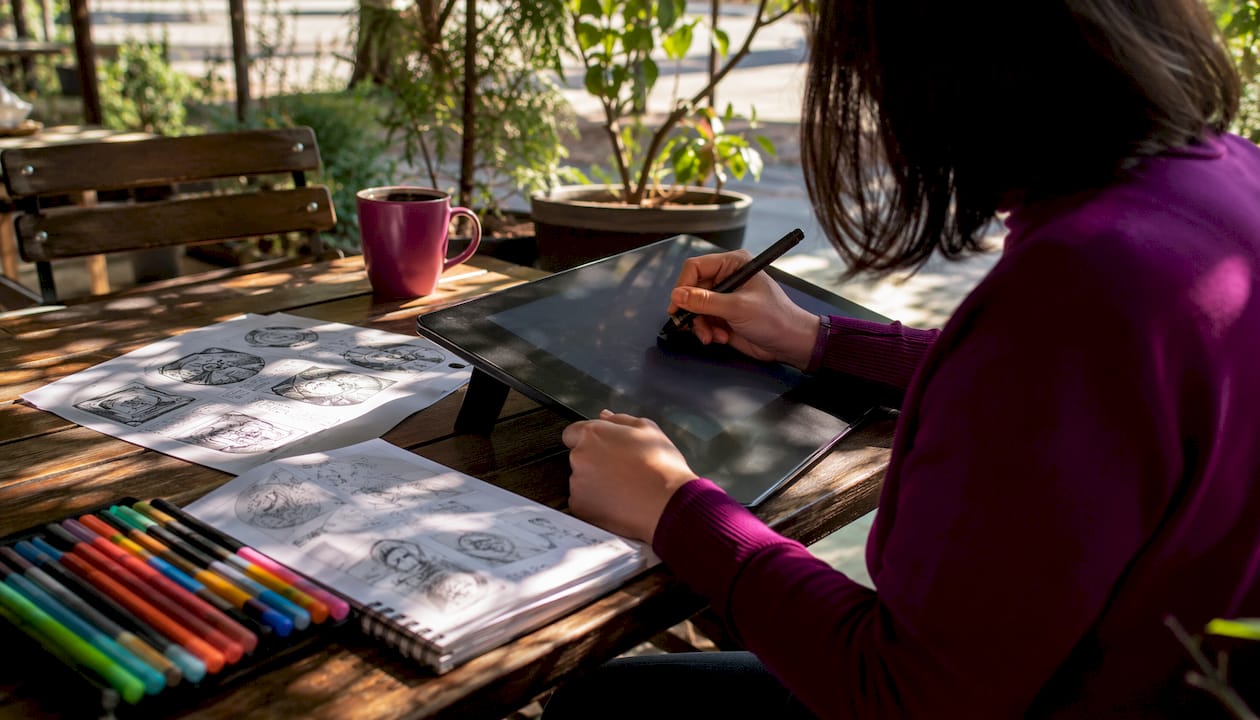 Close-up of hands outlining fonts on drawing tablet