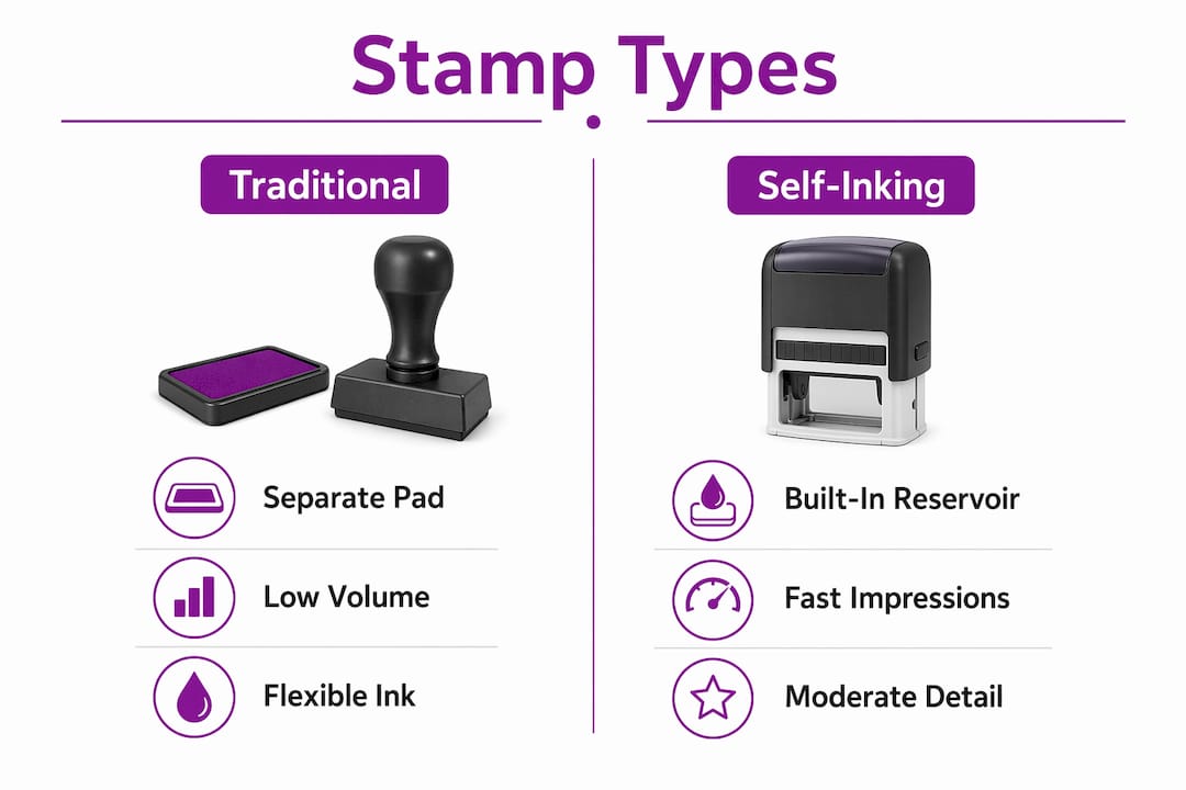 Infographic comparing traditional and self-inking stamp types