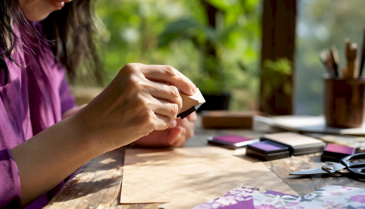 Hands holding a pre-inked rubber stamp over paper