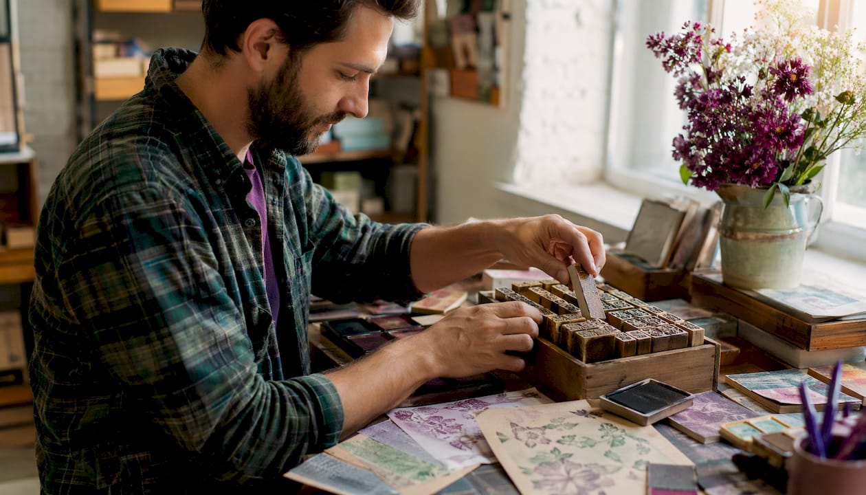 Hands placing rectangular rubber stamp on desk