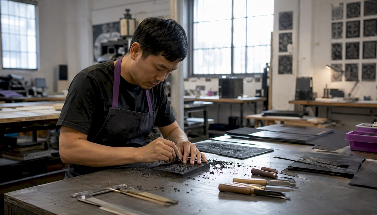 Hands shaping vulcanised rubber stamp